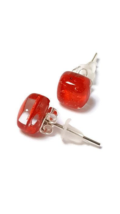 Small Post red Earrings. Fused Glass Studs. Recycled Glass jewelry. Stud earrings - Handmade Recycled Glass Jewelry