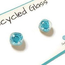Small Post White and Turquoise Earrings. Fused Glass Studs. Recycled Glass jewelry. Stud earrings - Handmade Recycled Glass Jewelry