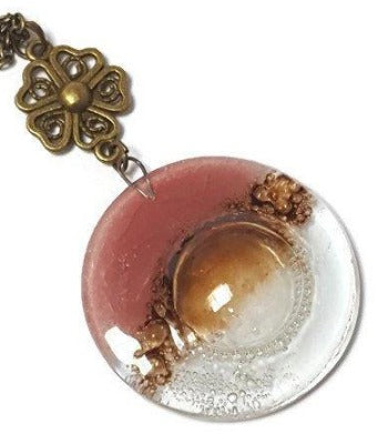 Pink, Brown and Clear pendant. Handmade Recycled Fused Glass Necklace. Long pendant. - Handmade Recycled Glass Jewelry