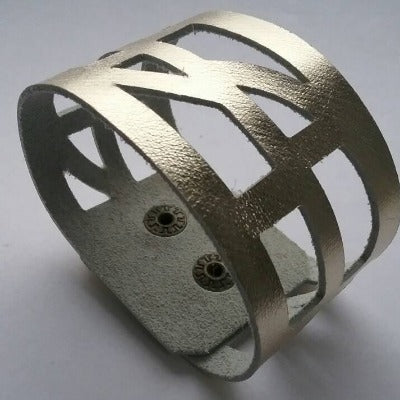 Silver color Leather "Self Empowering" Cuff bracelet. Reclaimed Leather Band. - Handmade Recycled Glass Jewelry