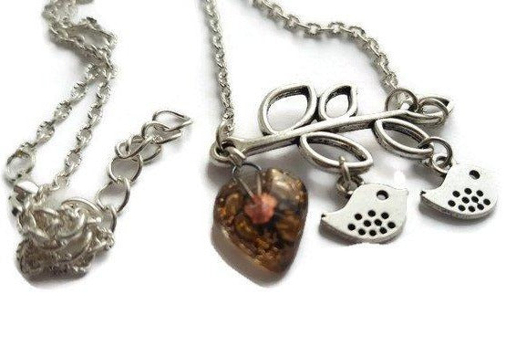 Family pendant. Bird pendant. Recycled Fused Glass necklace. Brown and Copper color heart shape bead - Handmade Recycled Glass Jewelry