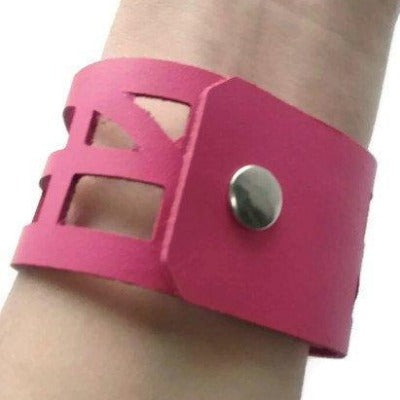 pink Reclaimed Leather wrist Band. The Self Empowering cuff Bracelet. Reurposed - Handmade Recycled Glass Jewelry