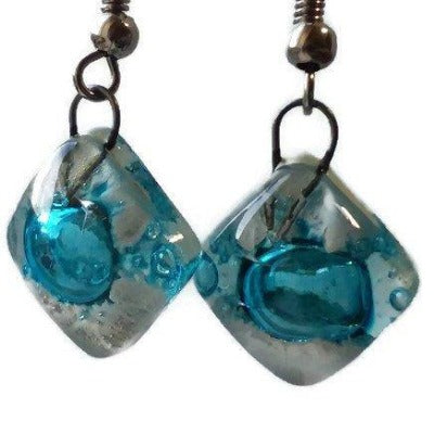 Small Turquoise and white Fused Glass Earrings. Recycled glass small square earrings - Handmade Recycled Glass Jewelry