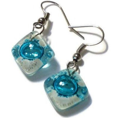 Small Turquoise and white Fused Glass Earrings. Recycled glass small square earrings - Handmade Recycled Glass Jewelry