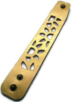 Gold Color Reclaimed Leather Cuff Bracelet. Golden "Sunflowers" Leather Band - Handmade Recycled Glass Jewelry