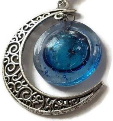 Blue moon recycled fused glass pendant. Long necklace - Handmade Recycled Glass Jewelry
