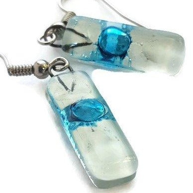 Small White and Turquoise Fused Glass Earrings - Handmade Recycled Glass Jewelry