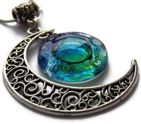 Blue moon, Green blue moon recycled glass long pendant. Handmade. - Handmade Recycled Glass Jewelry