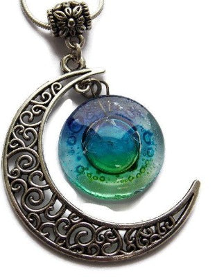 Blue moon, Green blue moon recycled glass long pendant. Handmade. - Handmade Recycled Glass Jewelry
