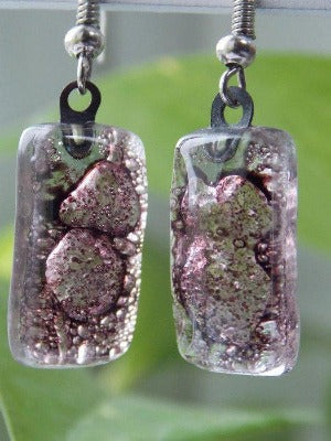 Fused Glass earrings. Purply Bubbly color recycled Glass Earrings. Small Bars dangle earrings - Handmade Recycled Glass Jewelry