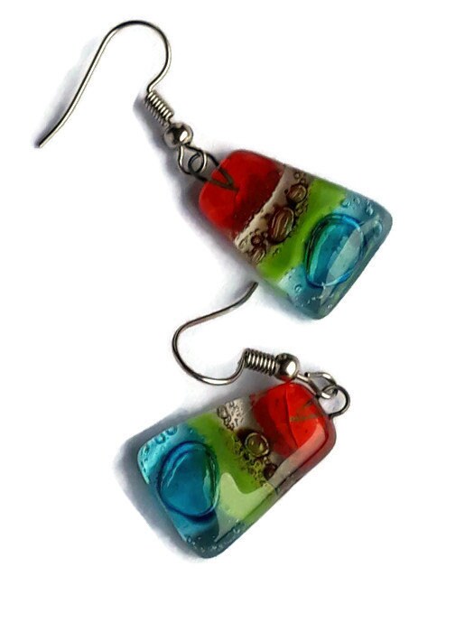 Rainbow Fused Glass dangle Earring. Red, turquoise, green and brown Drop Earrings. Glass Art