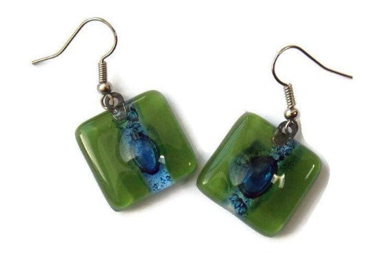 Blue and Green Recycled fused glass square Earrings - Handmade Recycled Glass Jewelry