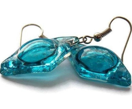 Aqua, turquoise diamond shaped recycled fused Glass Earrings. Glass drop Earrings. - Handmade Recycled Glass Jewelry