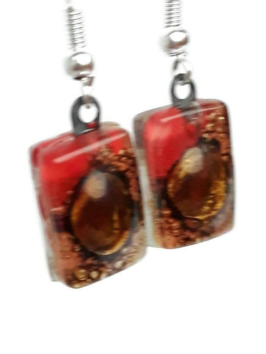 Small Red and Brown bars, Recycled Glass Drop earrings. Fused Glass Dangle Earrings - Handmade Recycled Glass Jewelry