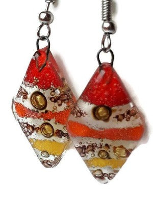 Red, Yellow and Orange Diamond Shaped Earrings. Fused glass Dangle Earrings. - Handmade Recycled Glass Jewelry