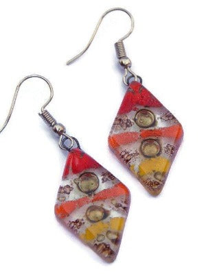 Red, Yellow and Orange Diamond Shaped Earrings. Fused glass Dangle Earrings. - Handmade Recycled Glass Jewelry