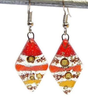 Red, Yellow and Orange Diamond Shaped Earrings. Fused glass Dangle Earrings. - Handmade Recycled Glass Jewelry