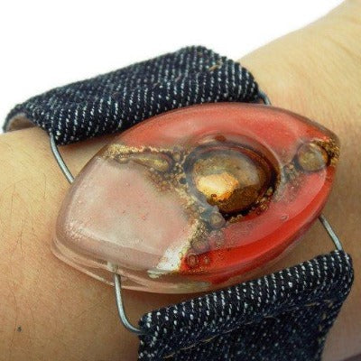 Red, pink and Brown Fused Glass and reclaimed Demin Cuff. Vegan Bracelet. - Handmade Recycled Glass Jewelry
