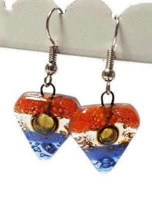 Blue, brown, and Orange handmade recycled Fused glass beads, Small Drop earrings, Dangle earrings - Handmade Recycled Glass Jewelry