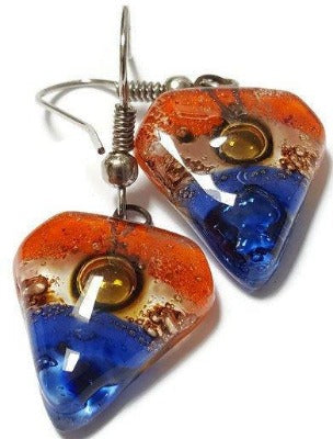 Blue, brown, and Orange handmade recycled Fused glass beads, Small Drop earrings, Dangle earrings - Handmade Recycled Glass Jewelry