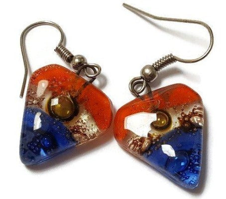 Blue, brown, and Orange handmade recycled Fused glass beads, Small Drop earrings, Dangle earrings - Handmade Recycled Glass Jewelry