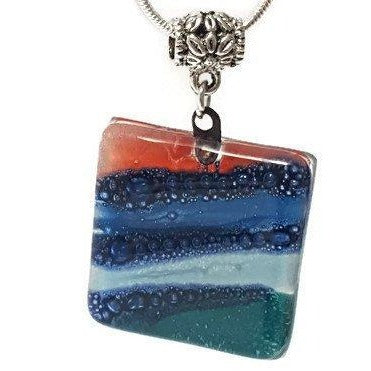Teal, Blue and Red Fused Glass square Pendant. Recycled Glass Handmade Glass Bead. Handmade necklace - Handmade Recycled Glass Jewelry