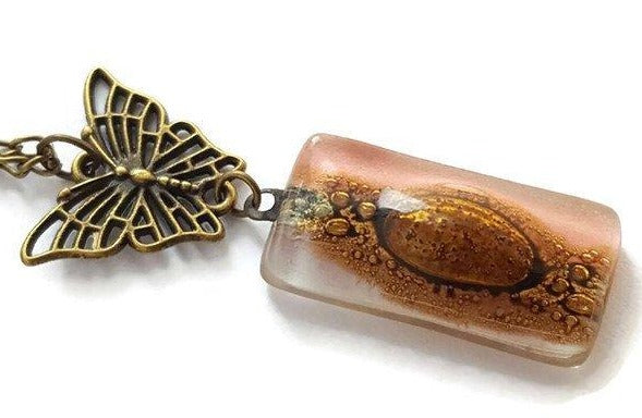 Butterfly pink recycled glass long necklace. Handmade fused glass pendant - Handmade Recycled Glass Jewelry