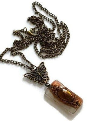 Butterfly pink recycled glass long necklace. Handmade fused glass pendant - Handmade Recycled Glass Jewelry