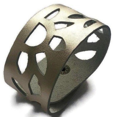 SunFlower Cuff Bracelet. Reclaimed Leather wrist Band. Platimum Color. - Handmade Recycled Glass Jewelry