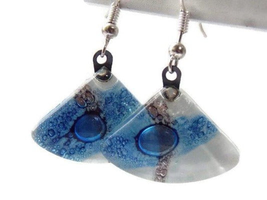 Fan Shaped White Blue and a purply color Recycled Glass Drop Earrings. Dangle Earrings - Handmade Recycled Glass Jewelry