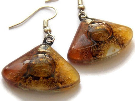 Earth Tones Recycled Glass earrings. Beige Brown and Terracotta fan shape drop Earrings - Handmade Recycled Glass Jewelry