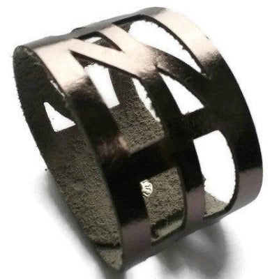 Silver Metallic Reclaimed Leather Cuff Bracelet. Leather wrist Band - Handmade Recycled Glass Jewelry