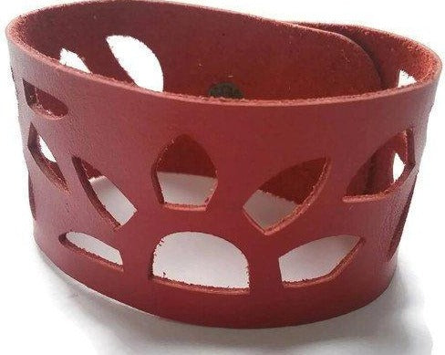 Red Sunflower Reclaimed Leather Cuff Bracelet. Repurposed Leather wrist Band - Handmade Recycled Glass Jewelry