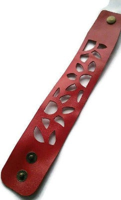 Red Sunflower Reclaimed Leather Cuff Bracelet. Repurposed Leather wrist Band - Handmade Recycled Glass Jewelry