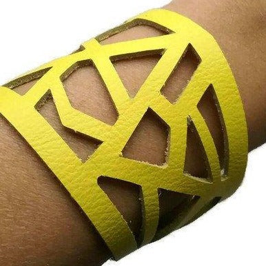 Yellow Barcelona Leather Cuff. Reclaimed Leather bracelet. Handcut in a Laser cutting style... - Handmade Recycled Glass Jewelry
