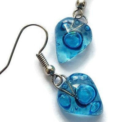 Small heart shapped blue fused glass drop Earrings. Turquoise Recycles Glass dangle Earrings. - Handmade Recycled Glass Jewelry