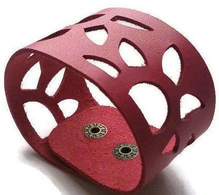 Pink Sunflower Wrist Band. Reclaimed Fucsia  Leather Cuff Bracelet - Handmade Recycled Glass Jewelry