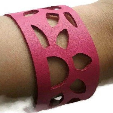 Pink Sunflower Wrist Band. Reclaimed Fucsia  Leather Cuff Bracelet - Handmade Recycled Glass Jewelry