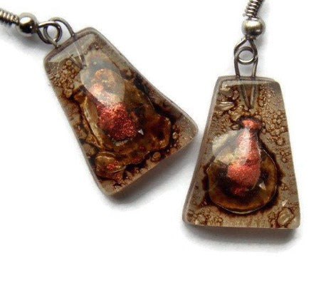 Copper pink and brown recycled fused glass earrings - Handmade Recycled Glass Jewelry