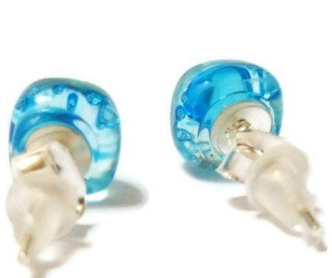Small Post Turquoise Earrings. Fused Glass Studs. Recycled Glass jewelry. Stud earrings - Handmade Recycled Glass Jewelry