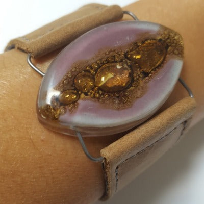 Leather cuff. Lilac  and  Brown Fused Glass and  light Brown leather Bracelet.