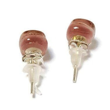 Small Post pink and brown Earrings. Fused Glass Studs. Recycled Glass jewelry. Stud earrings - Handmade Recycled Glass Jewelry