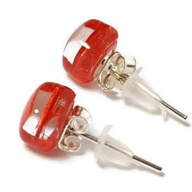 Small Post red Earrings. Fused Glass Studs. Recycled Glass jewelry. Stud earrings - Handmade Recycled Glass Jewelry