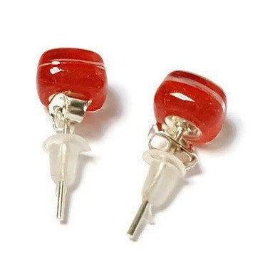 Small Post red Earrings. Fused Glass Studs. Recycled Glass jewelry. Stud earrings - Handmade Recycled Glass Jewelry