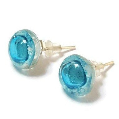 Small Post White and Turquoise Earrings. Fused Glass Studs. Recycled Glass jewelry. Stud earrings - Handmade Recycled Glass Jewelry