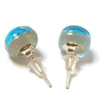 Small Post White and Turquoise Earrings. Fused Glass Studs. Recycled Glass jewelry. Stud earrings - Handmade Recycled Glass Jewelry