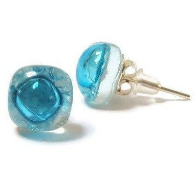 Small Post White and Turquoise Earrings. Fused Glass Studs. Recycled Glass jewelry. Stud earrings - Handmade Recycled Glass Jewelry