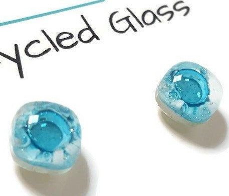 Small Post White and Turquoise Earrings. Fused Glass Studs. Recycled Glass jewelry. Stud earrings - Handmade Recycled Glass Jewelry