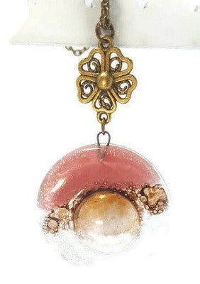 Pink, Brown and Clear pendant. Handmade Recycled Fused Glass Necklace. Long pendant. - Handmade Recycled Glass Jewelry