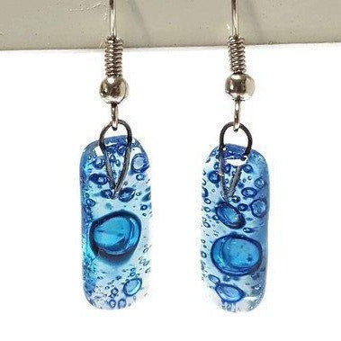 Small Rectangular blue recycled Glass Earrings. Fused Glass Jewelry - Handmade Recycled Glass Jewelry